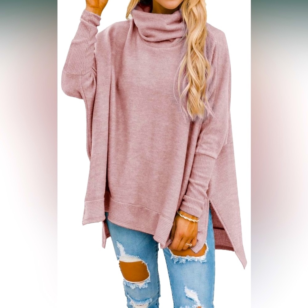 Peachy-Pink Turtleneck Batwing Sleeve Side Slit Loose Knitted Tunic Sweater